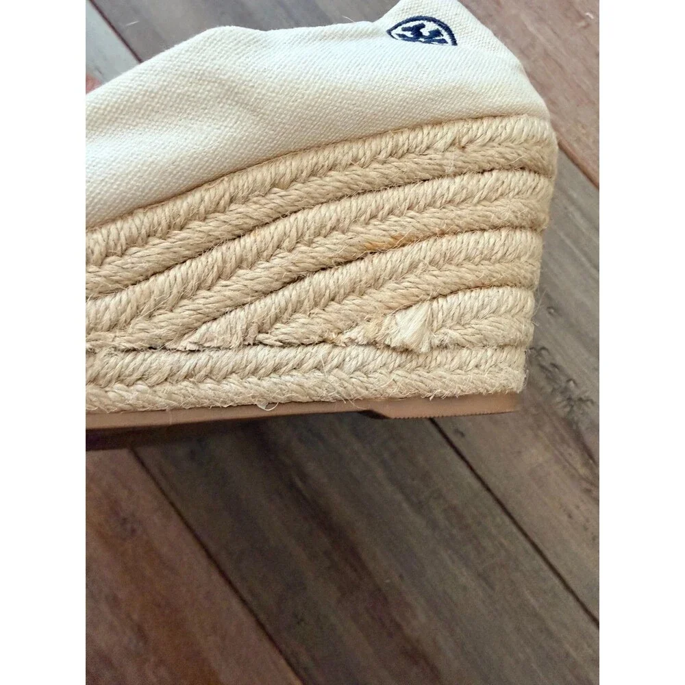 Tory Burch Canvas Jute Peep Toe Wedge Espadrilles Cream Size 8.5 M  Classic